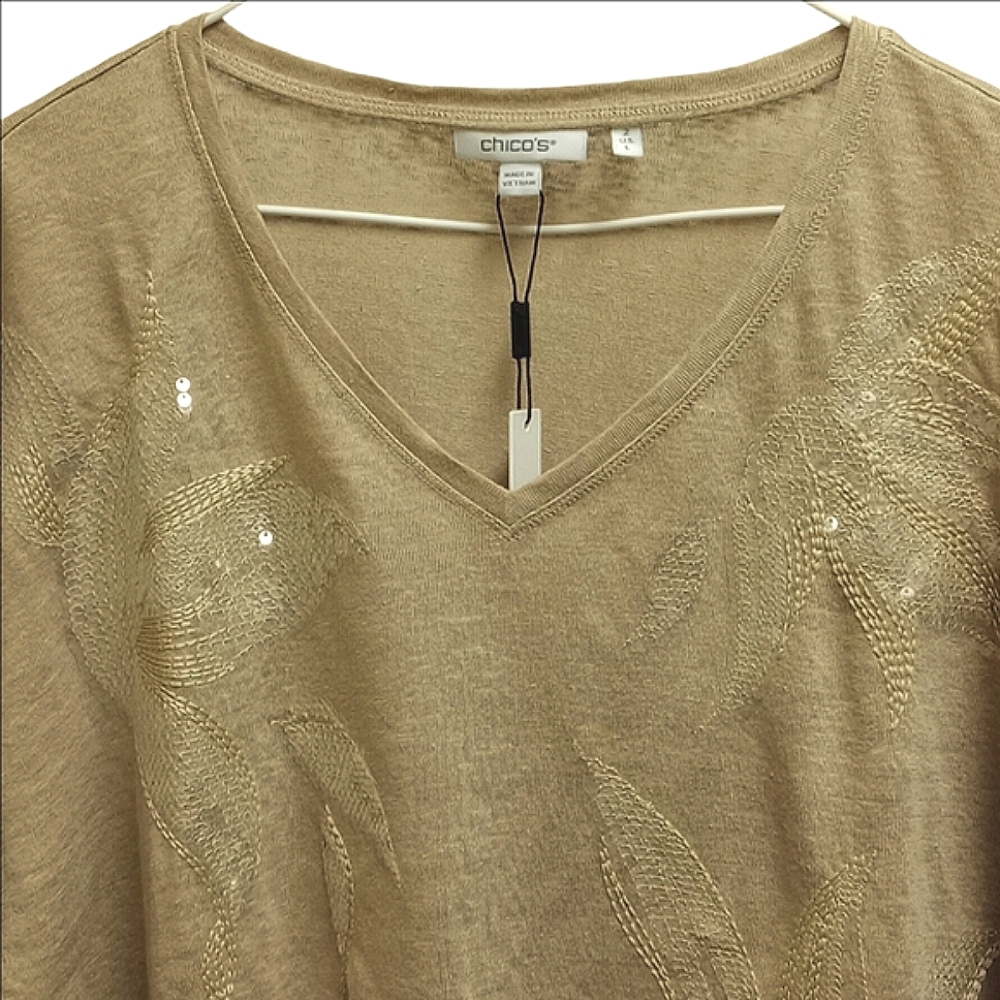 🆕 CHICO'S TAN BEIGE LINEN SHORT SLEEVE WOMEN'S SHIRT WITH FLORAL SEQUIN DESIGNS - Picture 2 of 9